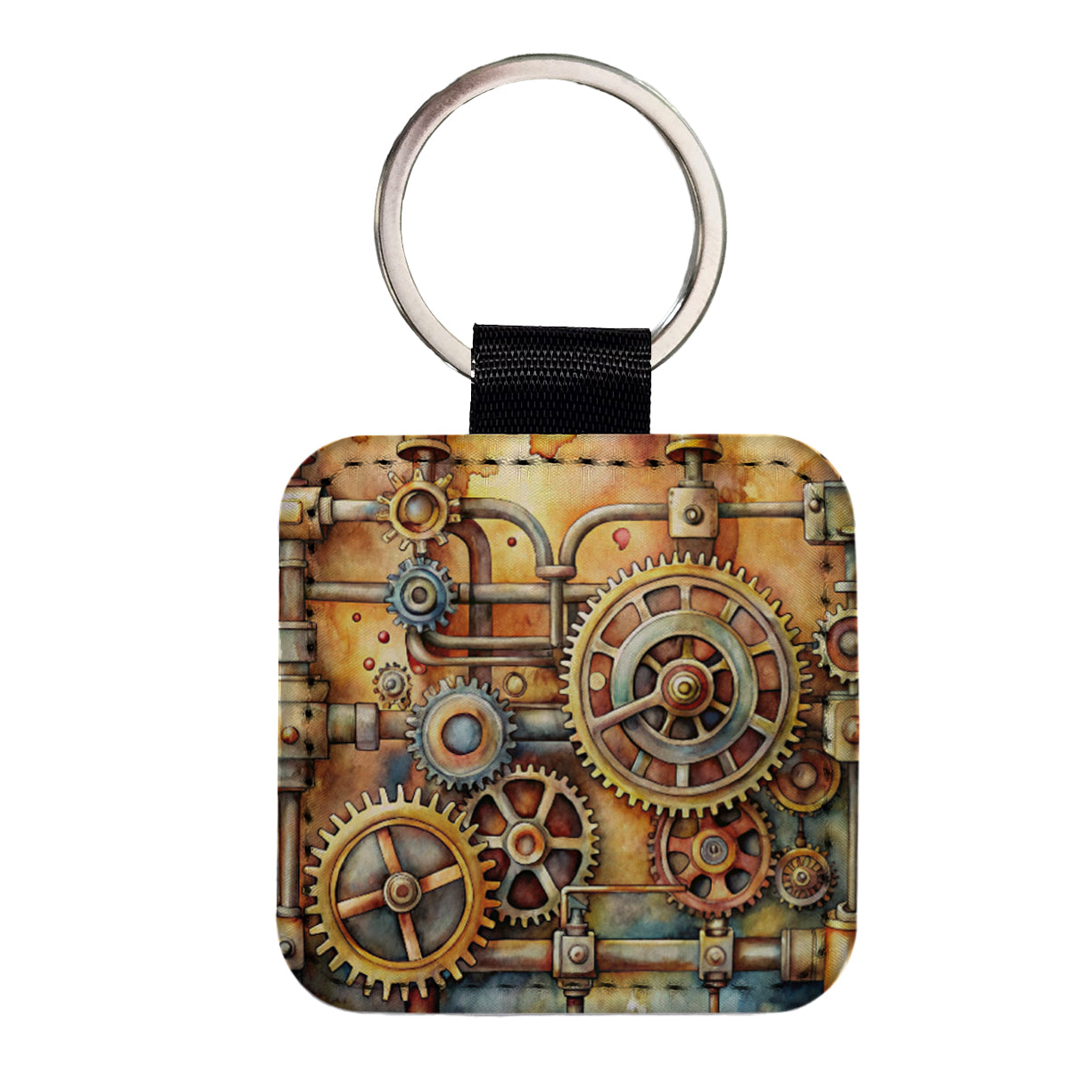 Sci-fi Steampunk Gears And Pipes Watercolor Square Faux Leather Keychain