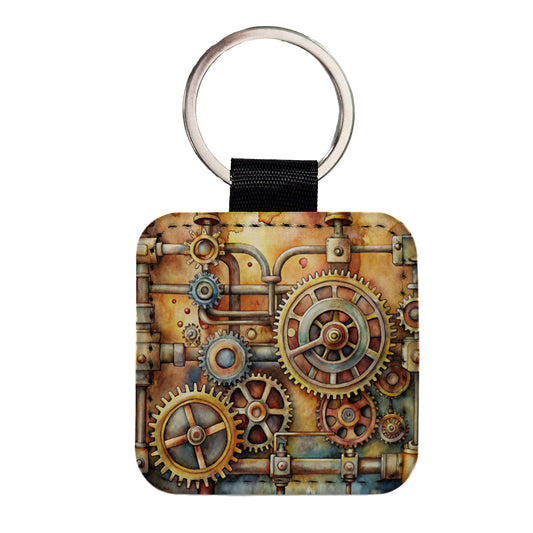 Sci-fi Steampunk Gears And Pipes Watercolor Square Faux Leather Keychain