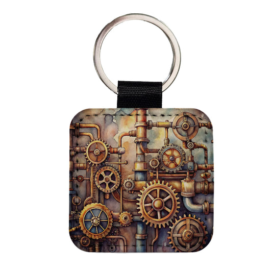 Sci-fi Steampunk Gears Pipes Watercolor Square Faux Leather Keychain