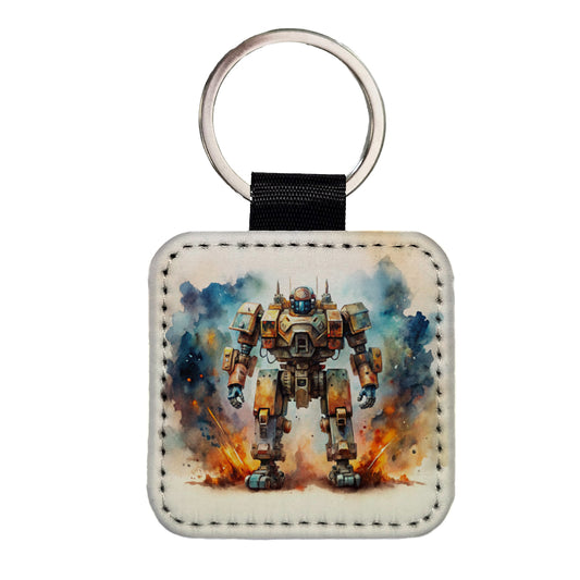 Sci-fi Steampunk Giant Robot Warrior Mech Watercolor Square Faux Leather Keychain