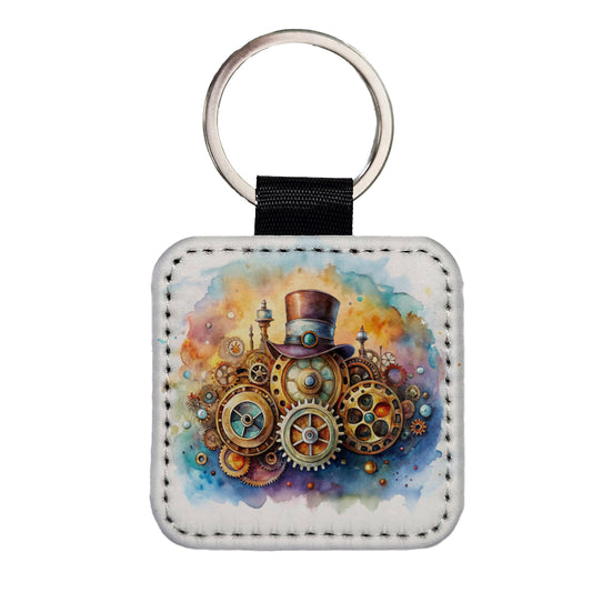 Sci-fi Steampunk Hat And Gears Watercolor Square Faux Leather Keychain