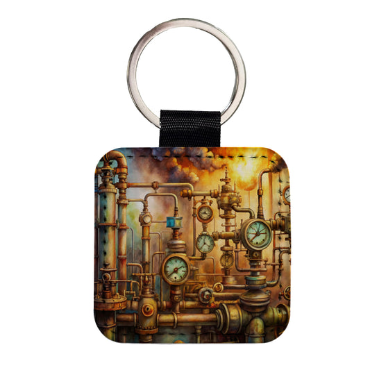 Sci-fi Steampunk Pipes Gauges Steam Fire Watercolor Square Faux Leather Keychain