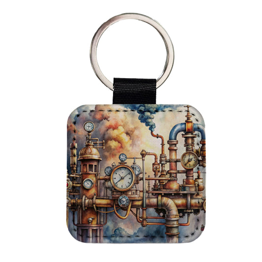 Sci-fi Steampunk Pipes Steam Gauges Watercolor Square Faux Leather Keychain