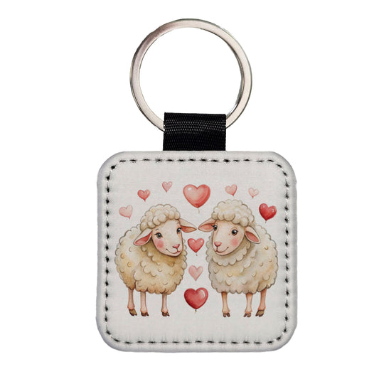 Sheep In Love With Hearts Valentine's Day Square Faux Leather Keychain