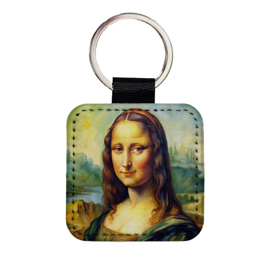 Simple Faux Mona Lisa Watercolor Painting Square Faux Leather Keychain