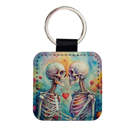 Skeletons In Love Hearts Valentine's Day Square Faux Leather Keychain