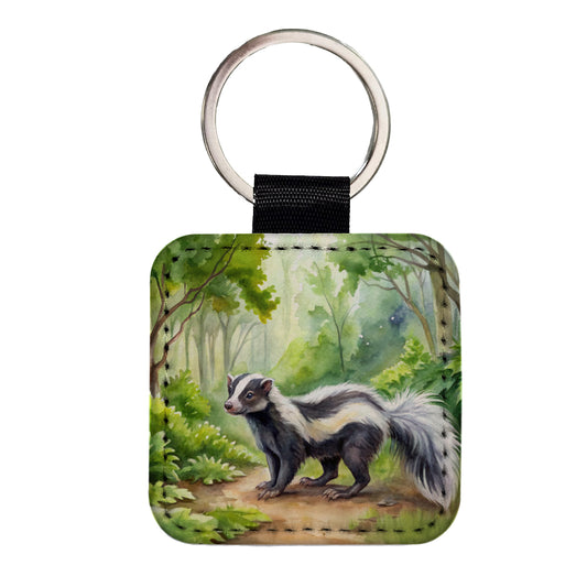 Skunk In The Forest Watercolor Square Faux Leather Keychain