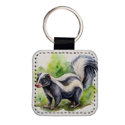 Skunk Watercolor Square Faux Leather Keychain