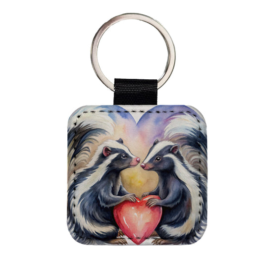 Skunks In Love Hearts Valentine's Day Square Faux Leather Keychain