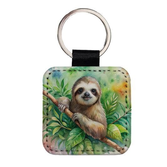 Sloth In A Tree Watercolor Square Faux Leather Keychain