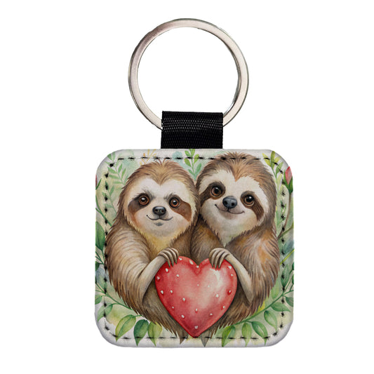 Sloths In Love Hearts Valentine's Day Square Faux Leather Keychain