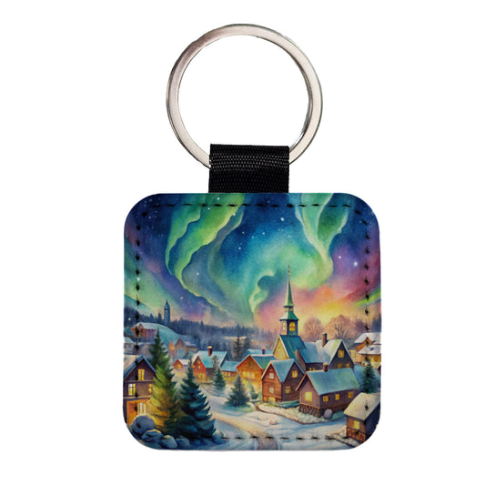 Small Town Northern Lights Watercolor Square Faux Leather Keychain
