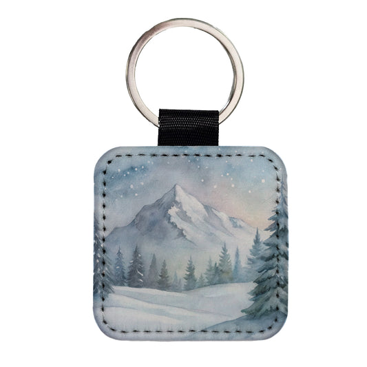 Snowy Wilderness Watercolor Square Faux Leather Keychain