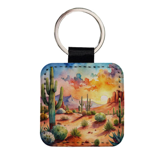 Southwest Desert Cactus Watercolor Square Faux Leather Keychain