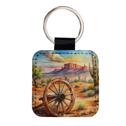 Southwest Desert With Abandoned Wagon Wheel Watercolor Square Faux Leather Keychain