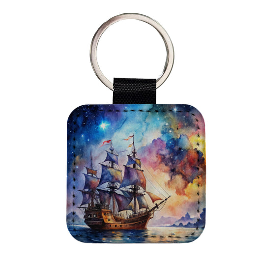 Space Pirate Ship Watercolor Square Faux Leather Keychain