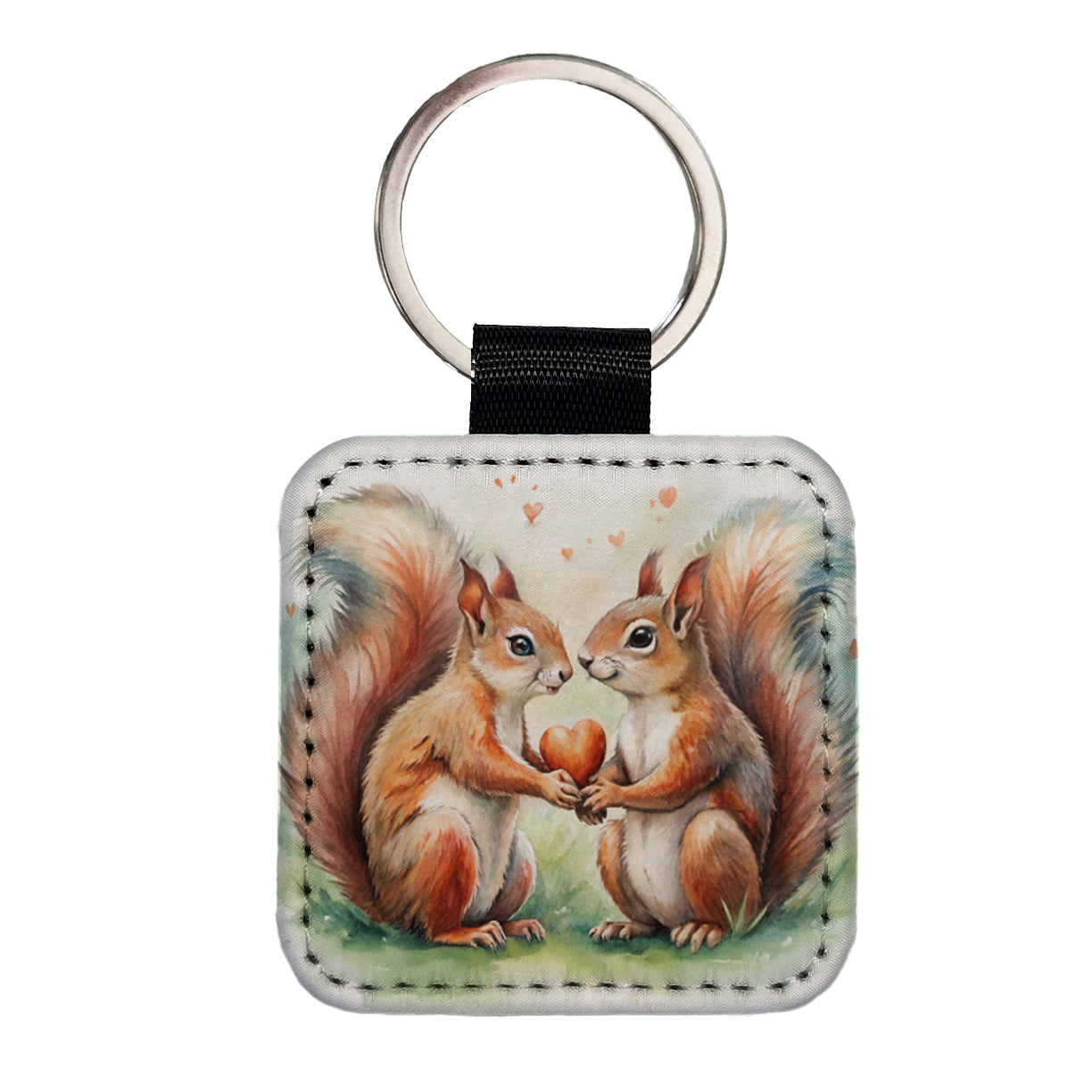 Squirrels In Love Hearts Valentine's Day Square Faux Leather Keychain