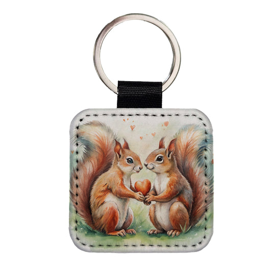 Squirrels In Love Hearts Valentine's Day Square Faux Leather Keychain