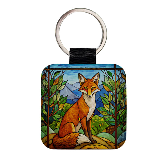 Stained Glass Fox Sitting Square Faux Leather Keychain