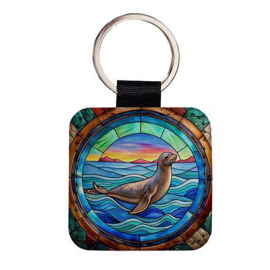 Stained Glass Seal In The Ocean Square Faux Leather Keychain
