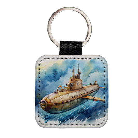 Steampunk Sci-fi Fantasy Flying Submarine Square Faux Leather Keychain