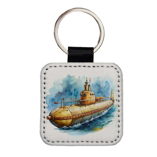 Steampunk Sci-fi Fantasy Retro Submarine Watercolor Square Faux Leather Keychain