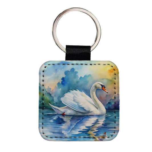 Swan Gliding Across Lake Watercolor Square Faux Leather Keychain
