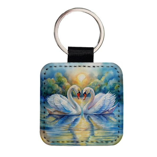 Swans In Love Valentine's Day Square Faux Leather Keychain