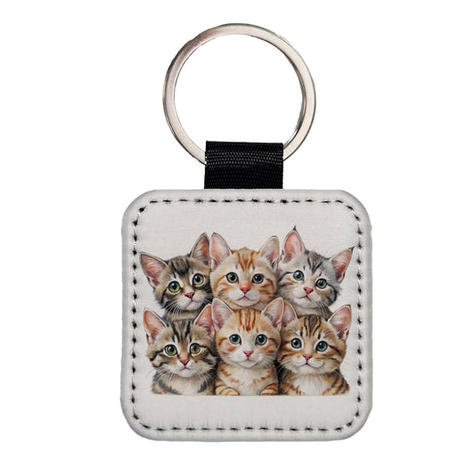 Sweet American Bobtail Cats Square Faux Leather Keychain