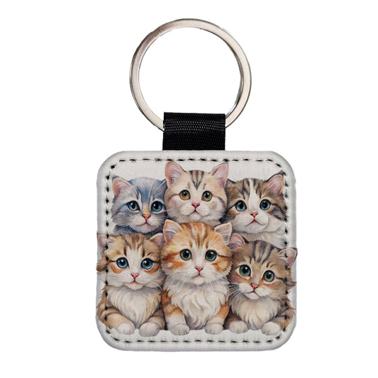 Sweet American Curl Cats Square Faux Leather Keychain