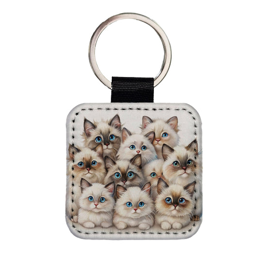 Sweet Birman Cats Square Faux Leather Keychain