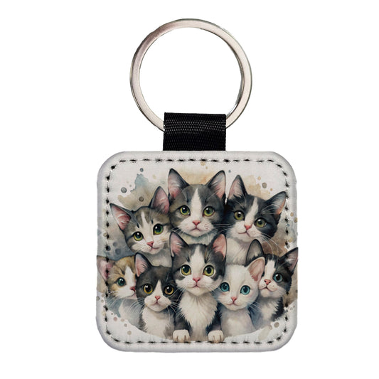 Sweet Black And White Cats Square Faux Leather Keychain
