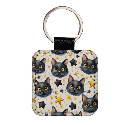 Sweet Black Cat Faces Yellow Stars Square Faux Leather Keychain