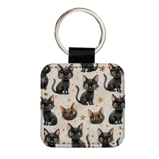 Sweet Black Cats Yellow Stars Square Faux Leather Keychain