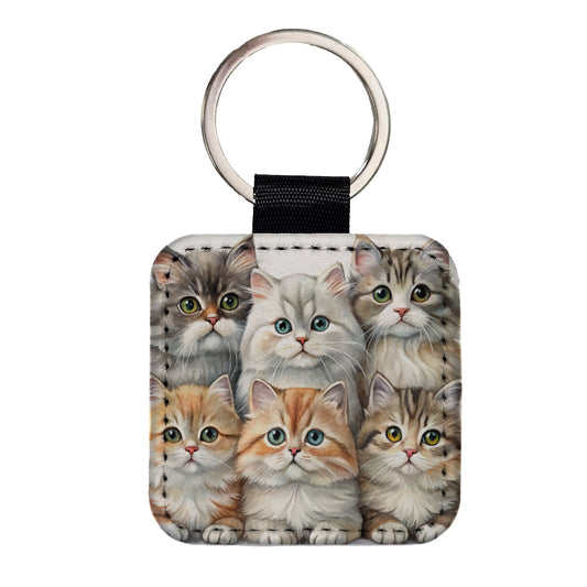 Sweet British Longhair Cats Square Faux Leather Keychain