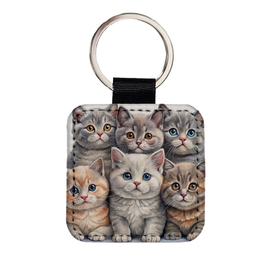 Sweet British Shorthair Cats Square Faux Leather Keychain
