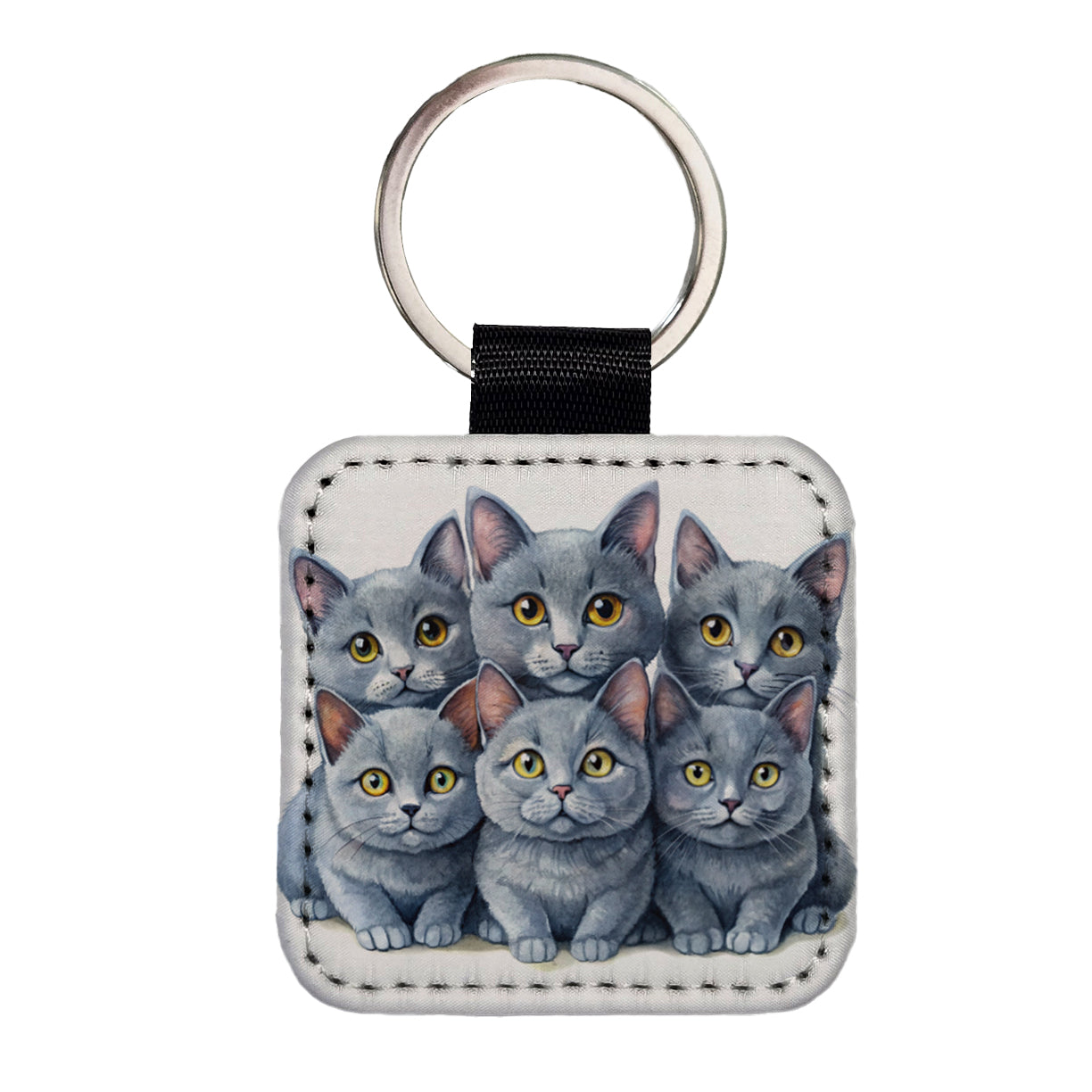 Sweet Chartreux Cats Square Faux Leather Keychain