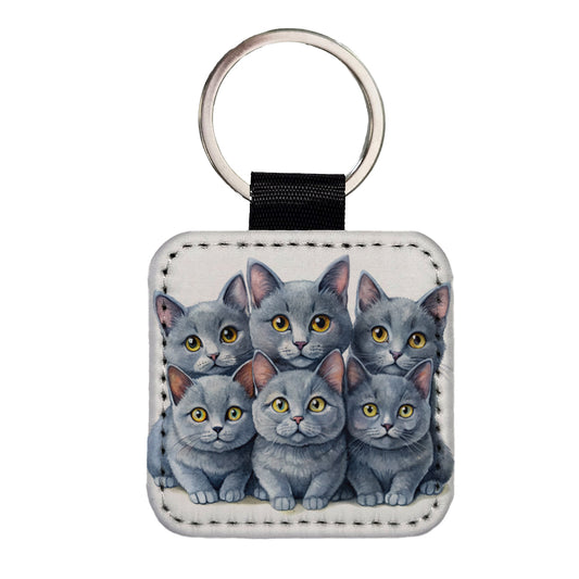 Sweet Chartreux Cats Square Faux Leather Keychain
