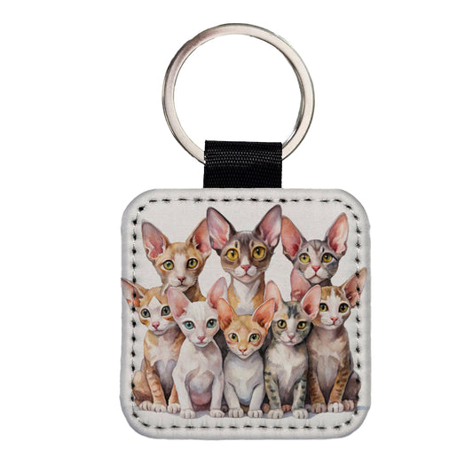 Sweet Cornish Rex Cats Square Faux Leather Keychain