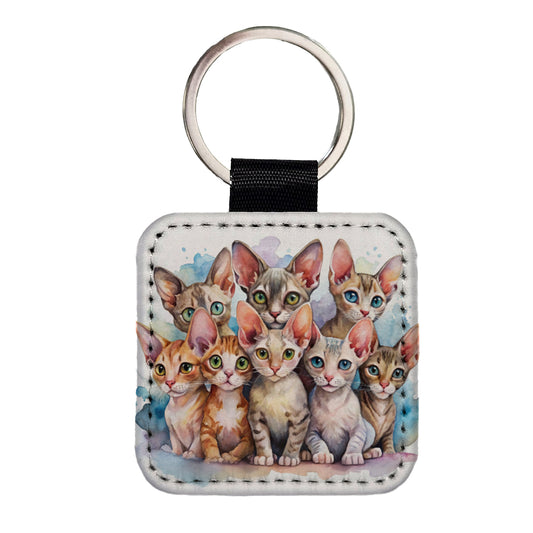 Sweet Devon Rex Cats Square Faux Leather Keychain