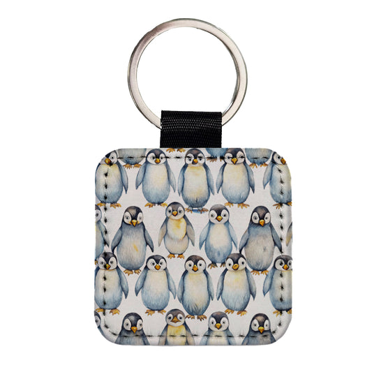 Sweet Emperor Penguins Square Faux Leather Keychain