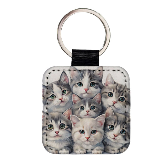 Sweet Gray And White Cats Square Faux Leather Keychain