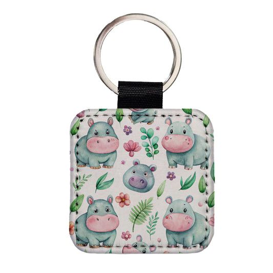 Sweet Hippos Square Faux Leather Keychain