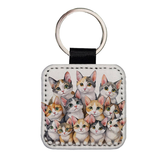 Sweet Japanese Bobtail Cats Square Faux Leather Keychain