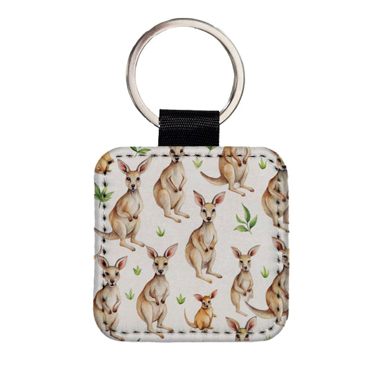 Sweet Kangaroos Square Faux Leather Keychain