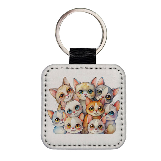 Sweet Khao Manee Cats Square Faux Leather Keychain