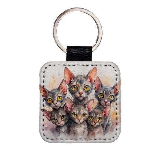 Sweet Lykoi Cats Square Faux Leather Keychain