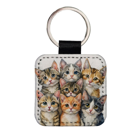 Sweet Manx Cats Square Faux Leather Keychain