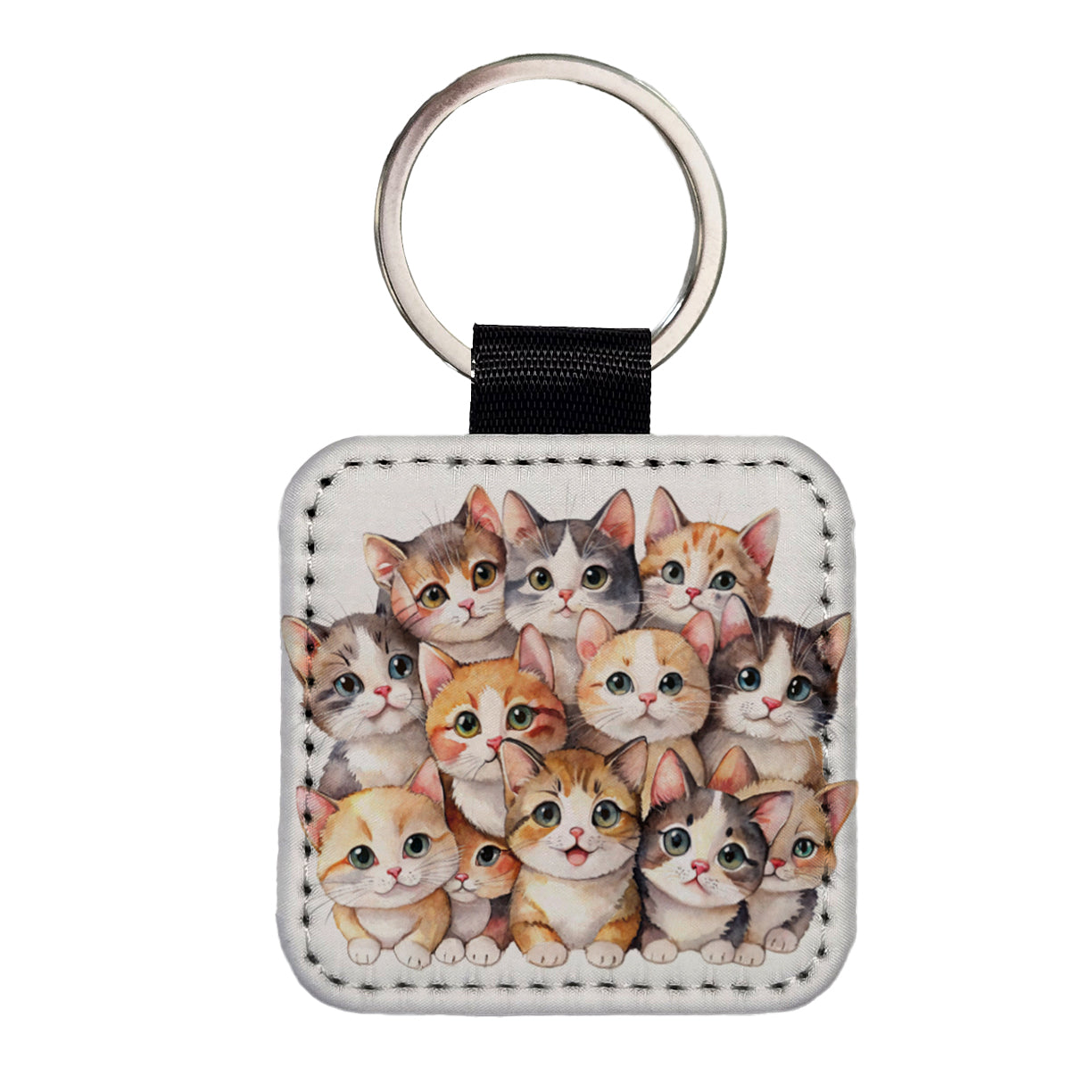 Sweet Munchkin Cats Square Faux Leather Keychain