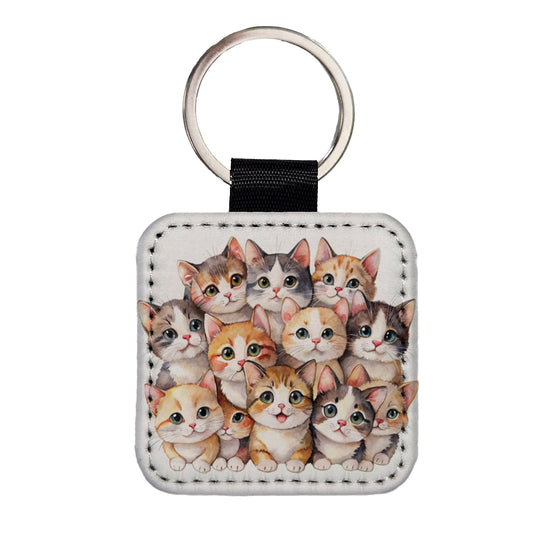 Sweet Munchkin Cats Square Faux Leather Keychain